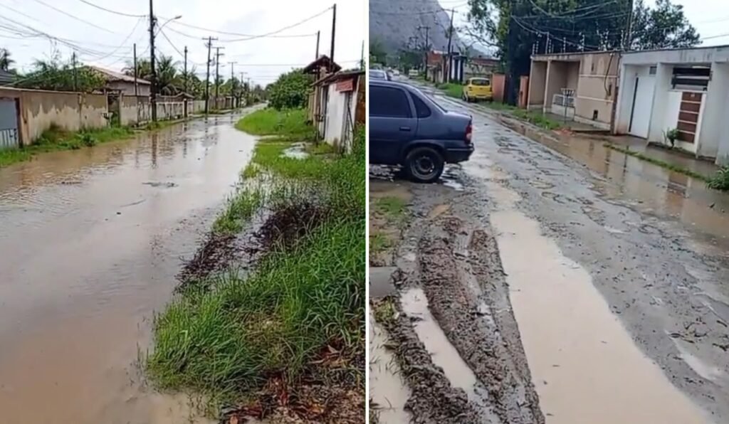 Chuva provoca alagamentos e deixa ruas com lama em Maricá